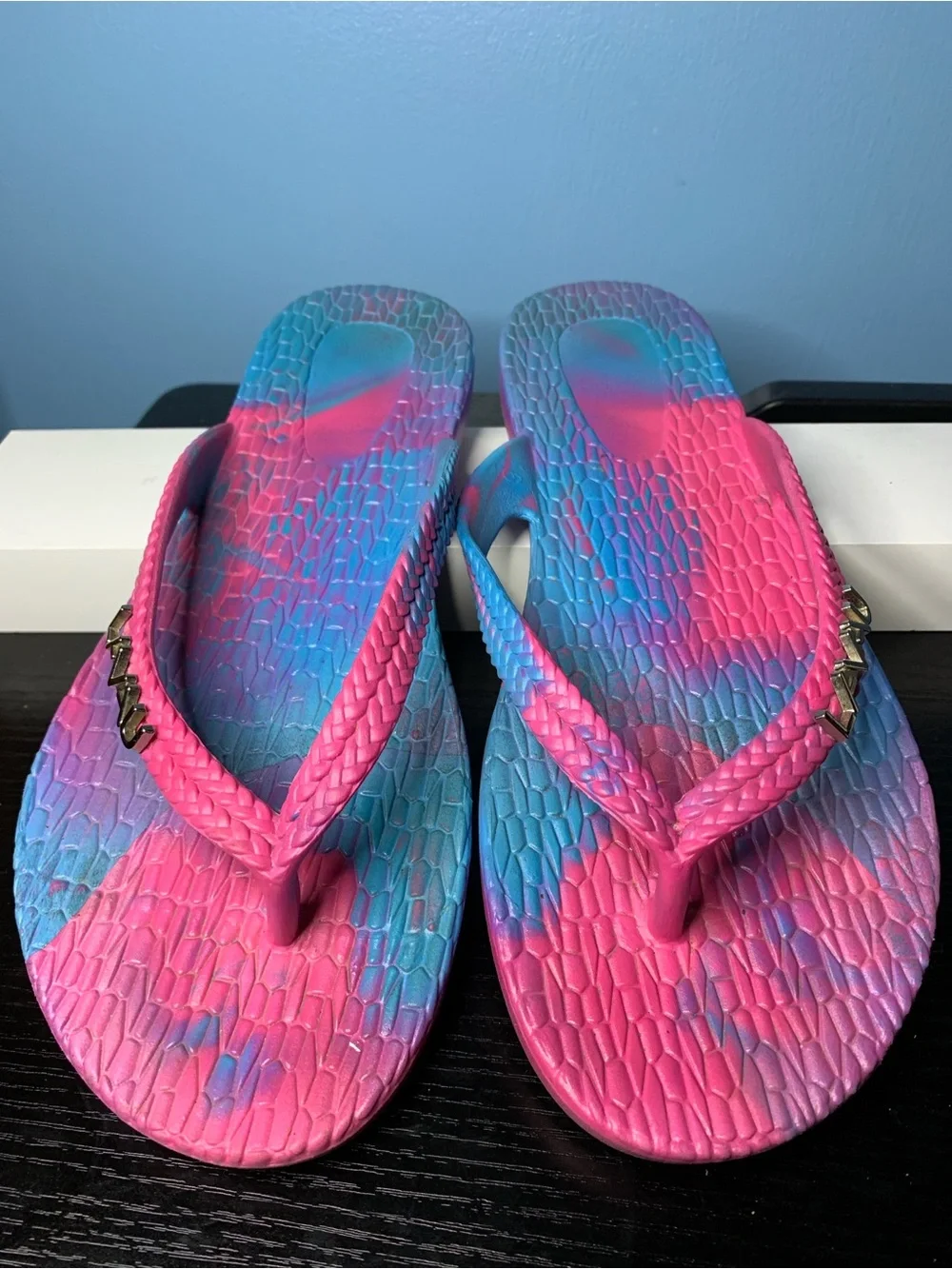 Women’s Pink and Blue Gradient Braided Strap Slide Sandals